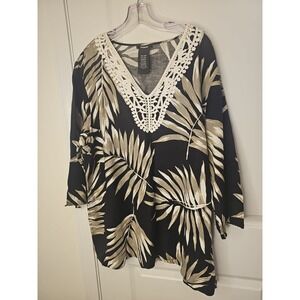 Premise Tunic Top Women  Black Tan‎ Crochet VNeck Palm Leaf 3/4 Sleeve Linen XXL